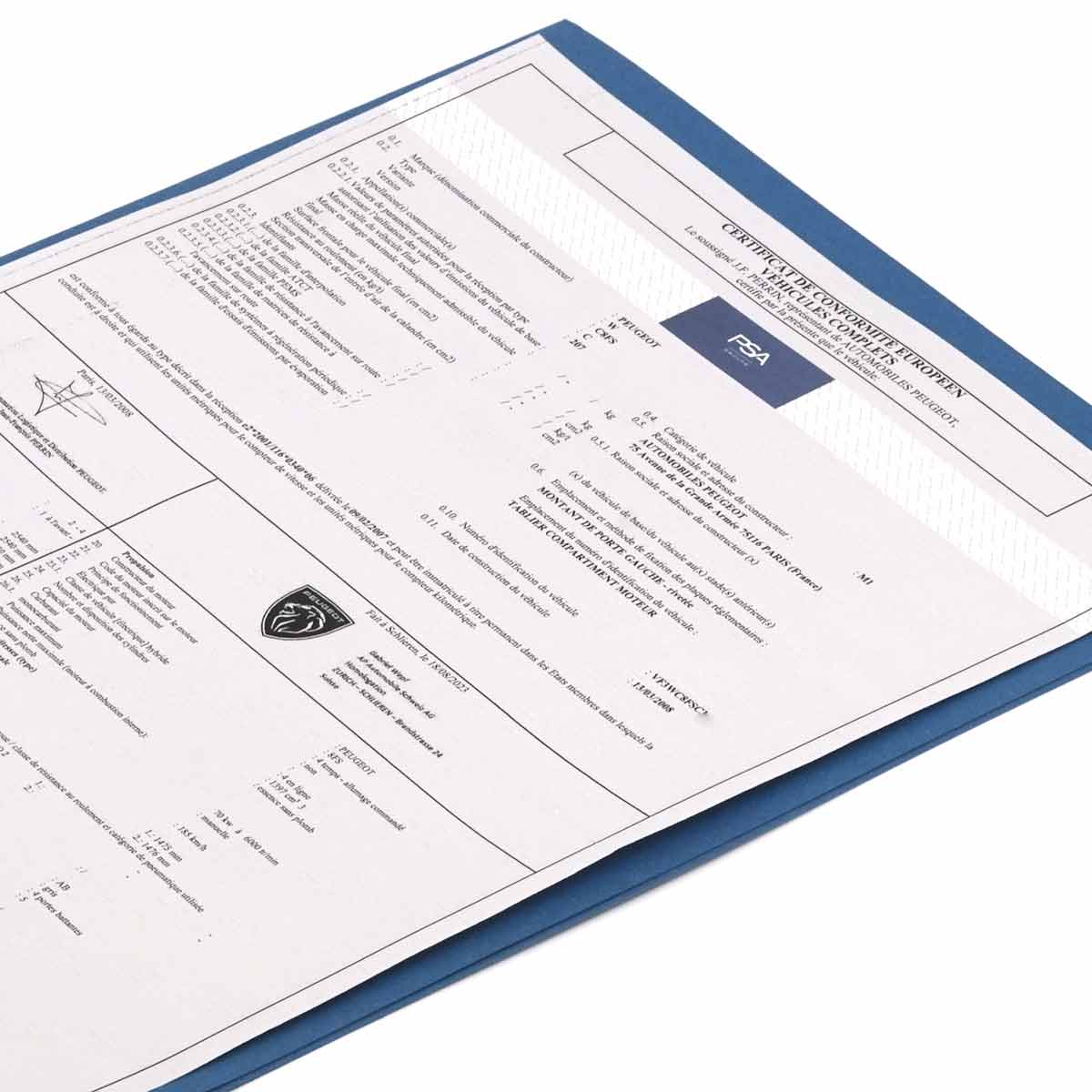 COC papers for Peugeot (Certificate of Conformity)