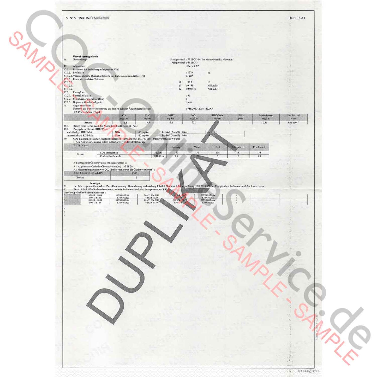 COC papers for Citroën (Certificate of Conformity)
