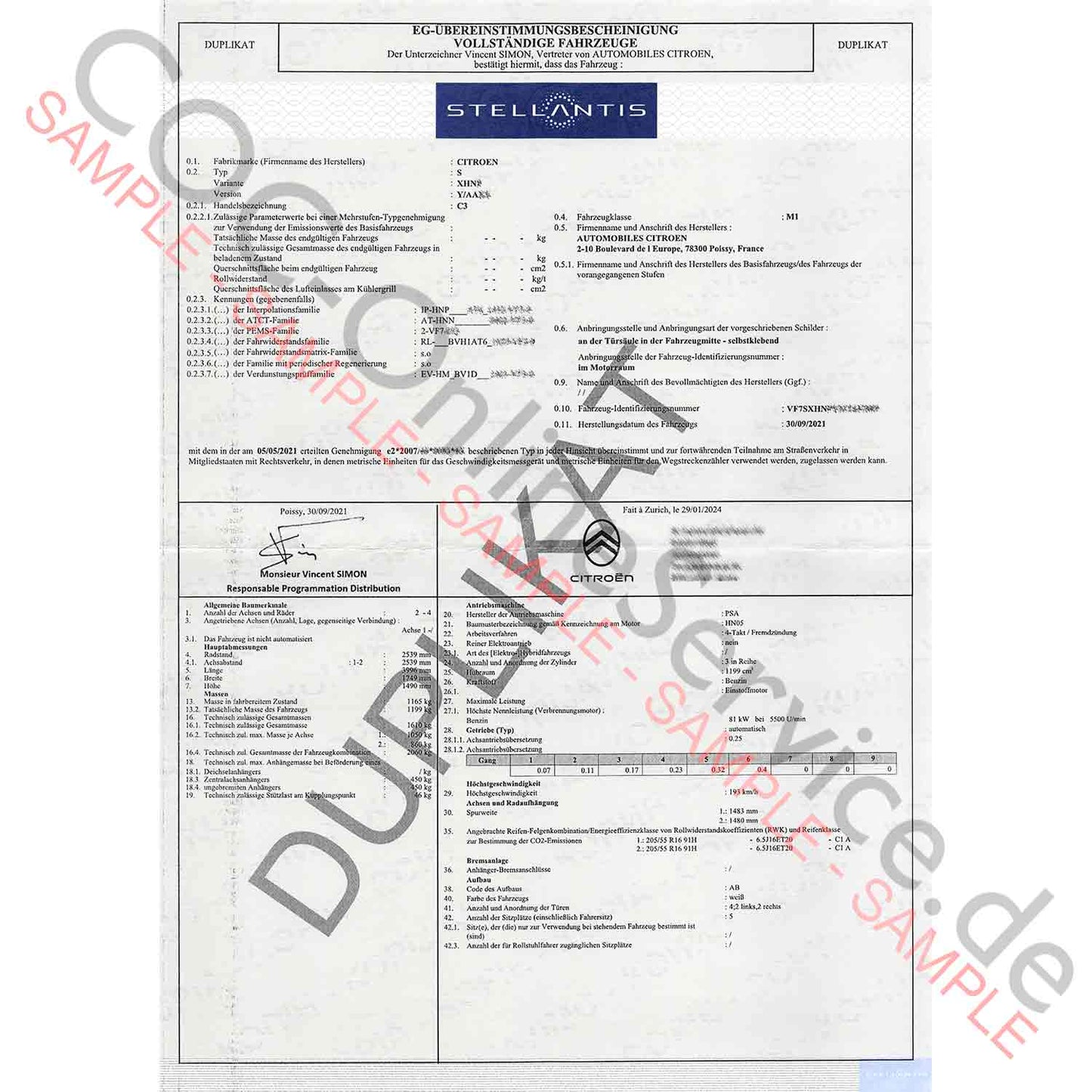 COC papers for Citroën (Certificate of Conformity)