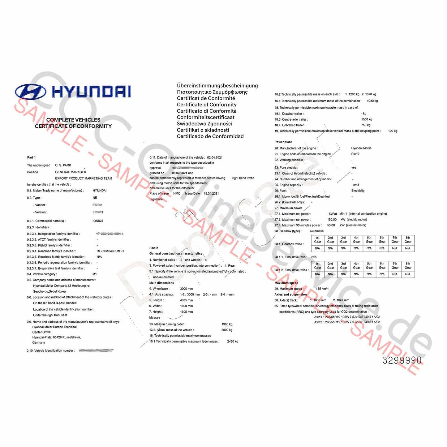 COC Documents for Hyundai (Certificate of Conformity)