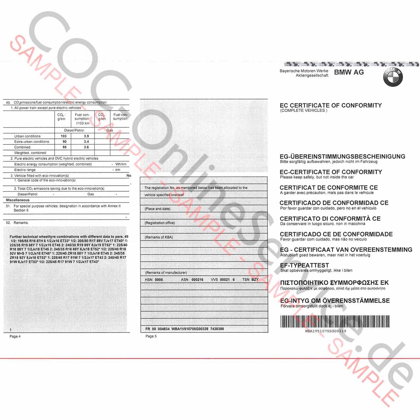 Documento COC para BMW (Certificado de Conformidad)