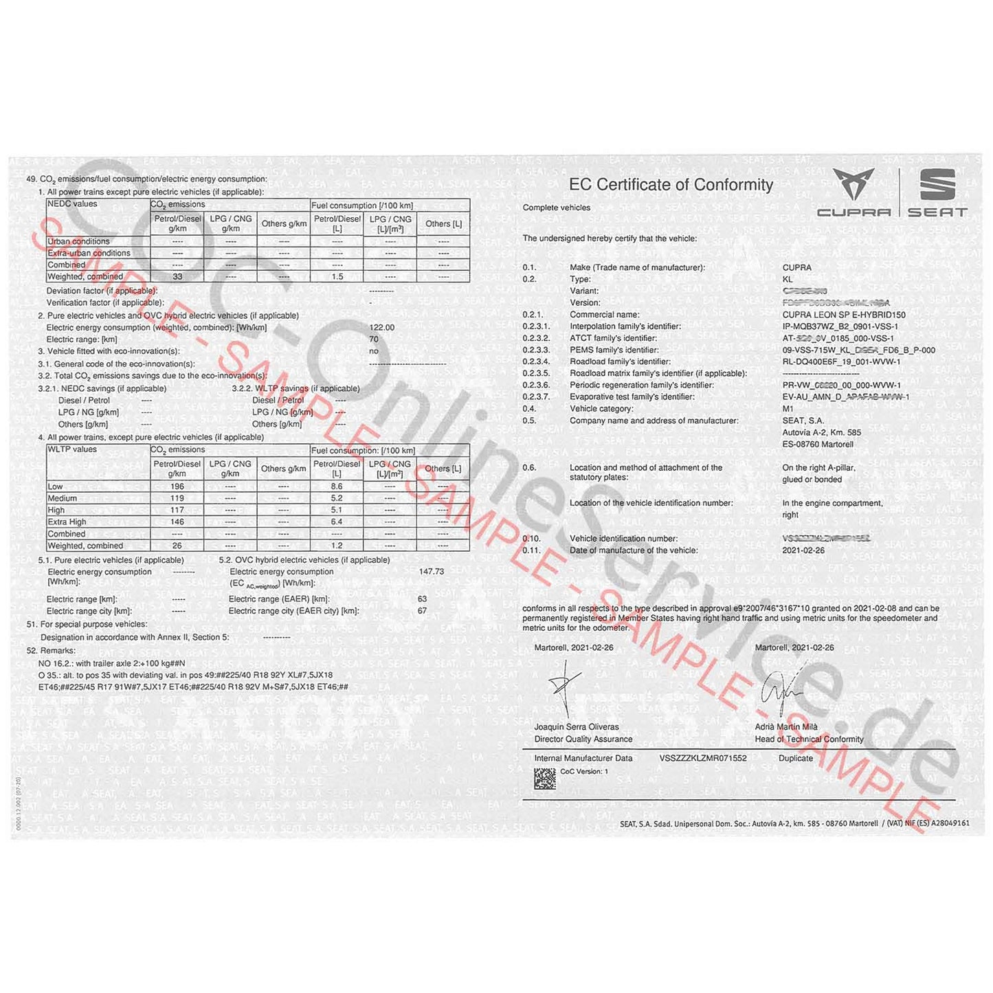 COC paper for Cupra (Certificate of Conformity)