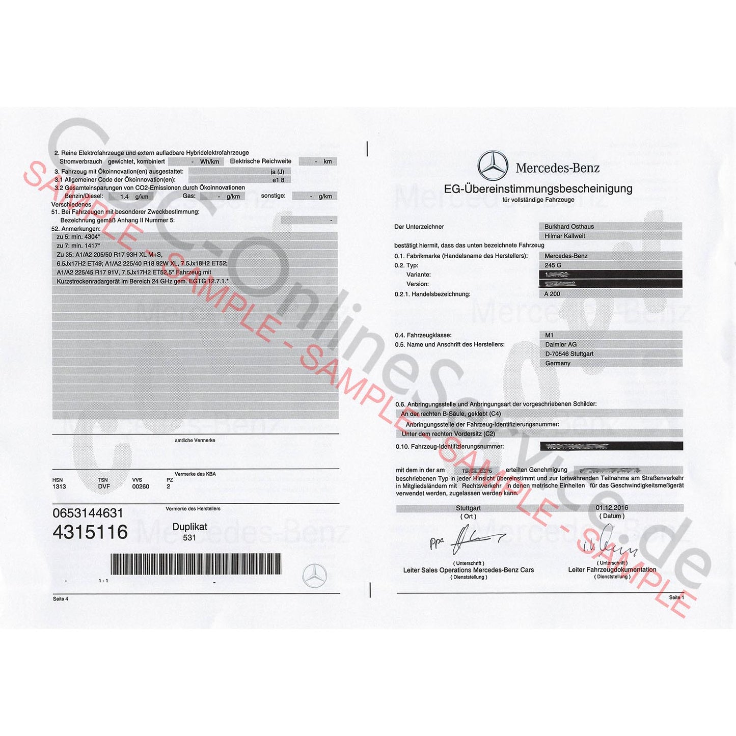 COC Papiere für Mercedes-Benz (Certificate of Conformity)