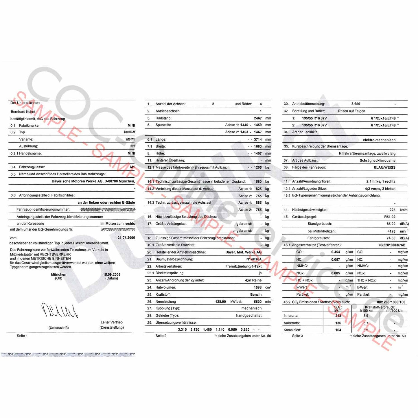 Documents COC pour MINI (Certificate of Conformity)