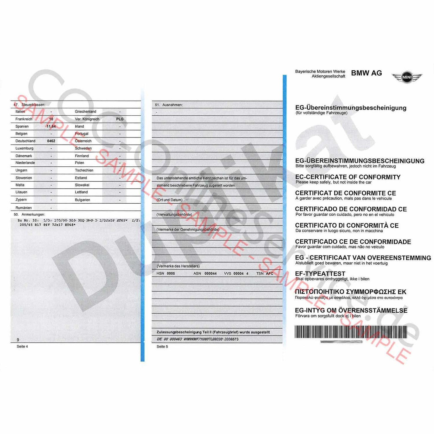 Documents COC pour MINI (Certificate of Conformity)