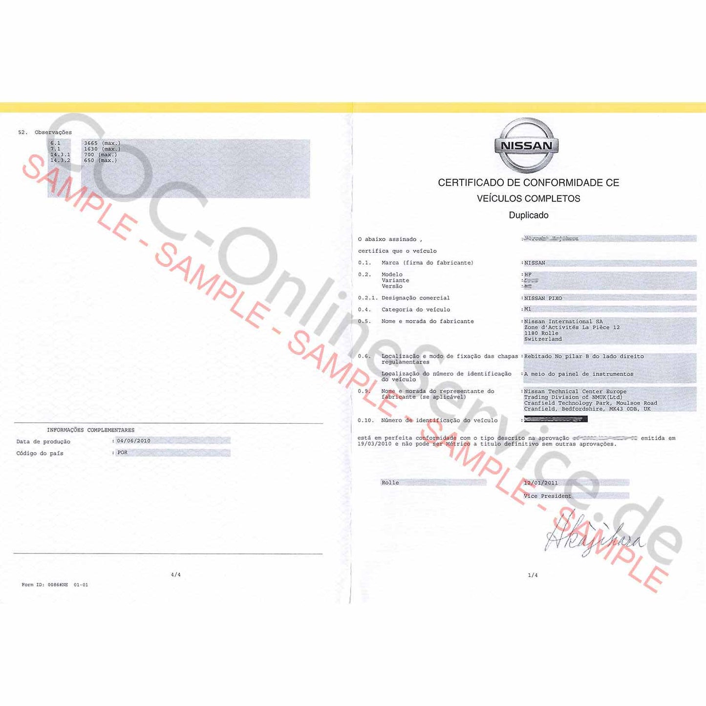 Documents COC pour Nissan (Certificat de Conformité)