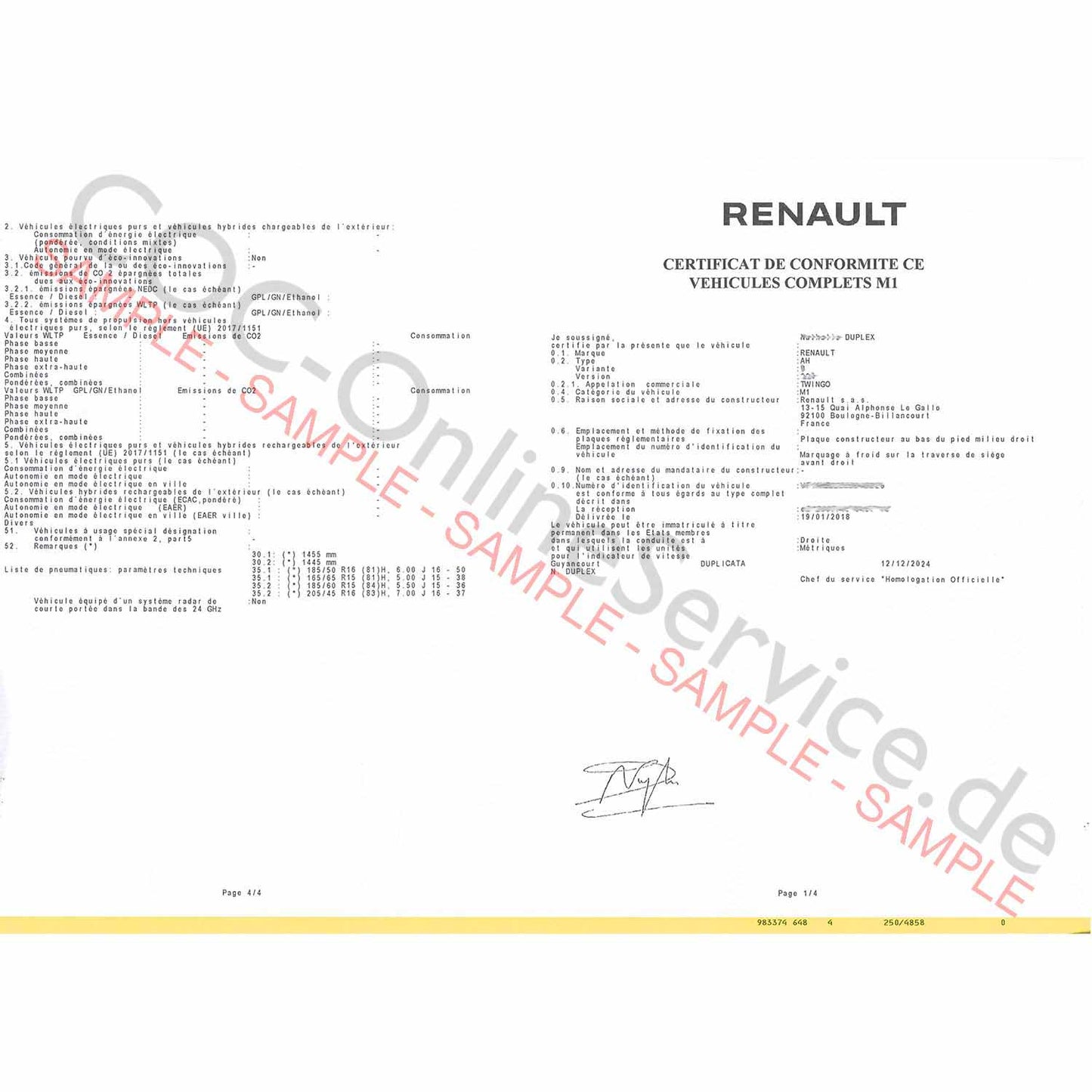 Documentos COC para Renault (Certificado de Conformidad)