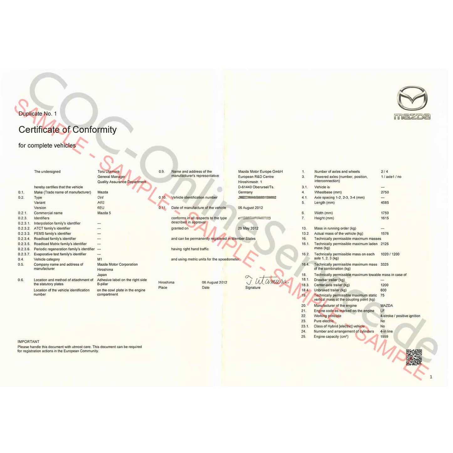 Documents COC pour Mazda (Certificat de Conformité)