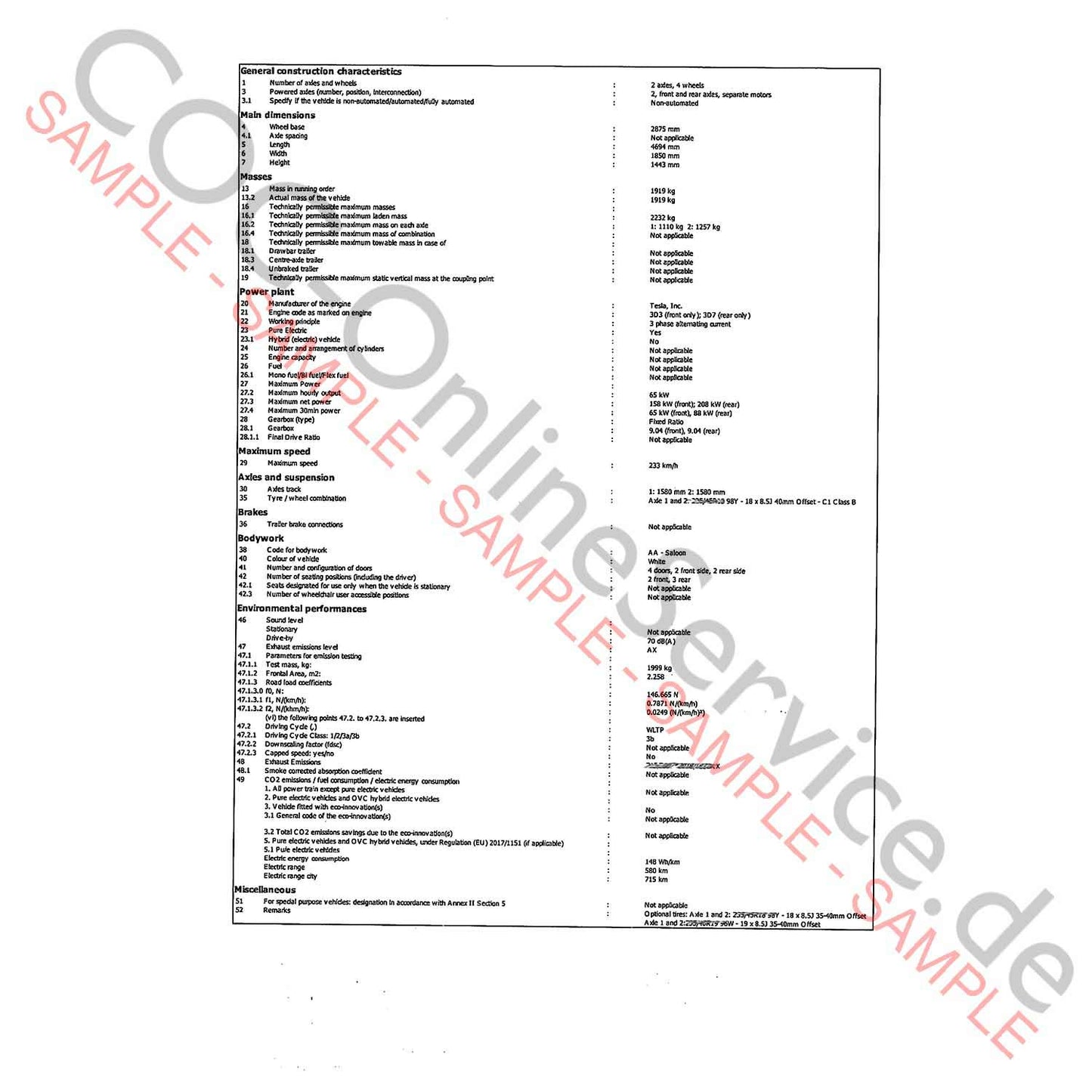 Documentos COC para Tesla (Certificate of Conformity)